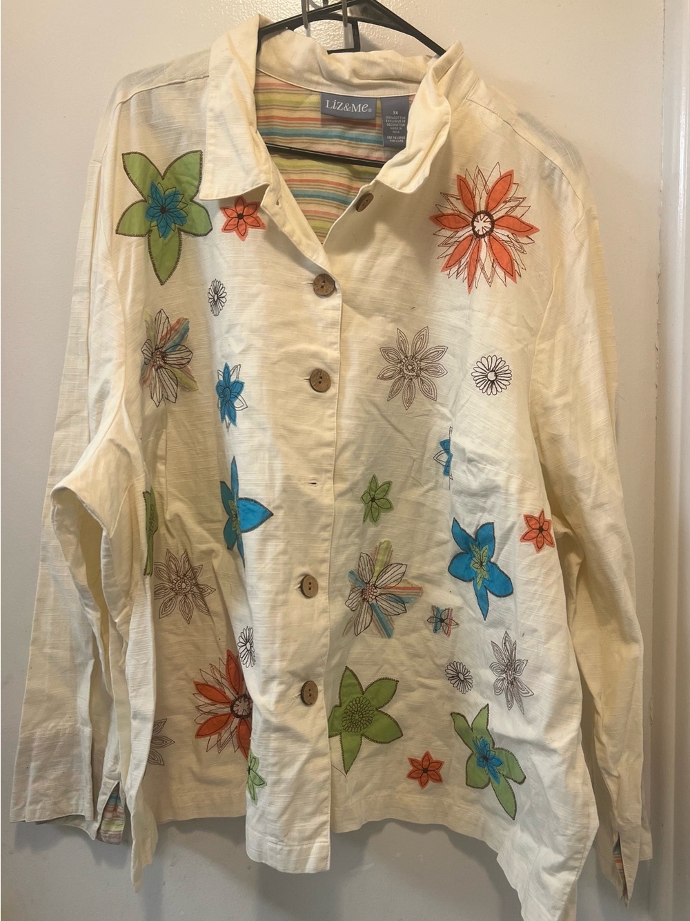 Liz & Me Cream Floral Embroidered Button Jacket